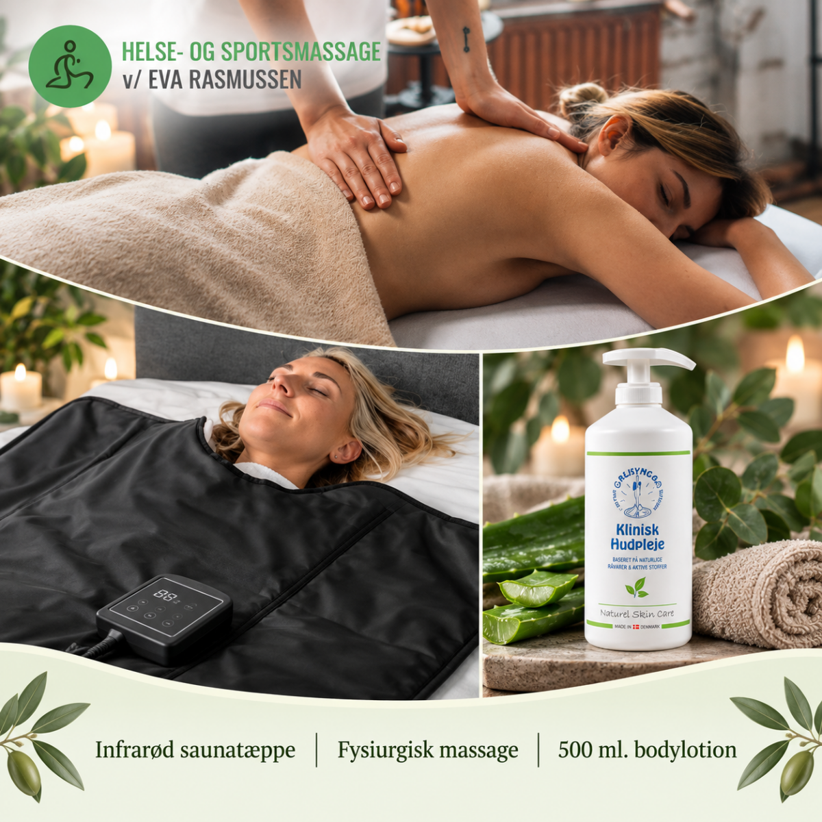 Helse- og Sportsmassage, Holstebro. Infrarød varme, fysiurgisk massage og bodylotion