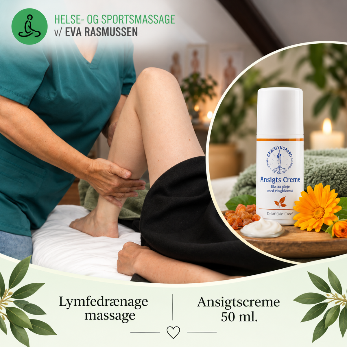Helse- og Sportsmassage, Holstebro. Lymfedrænage massage og Alkymea ansigtscreme